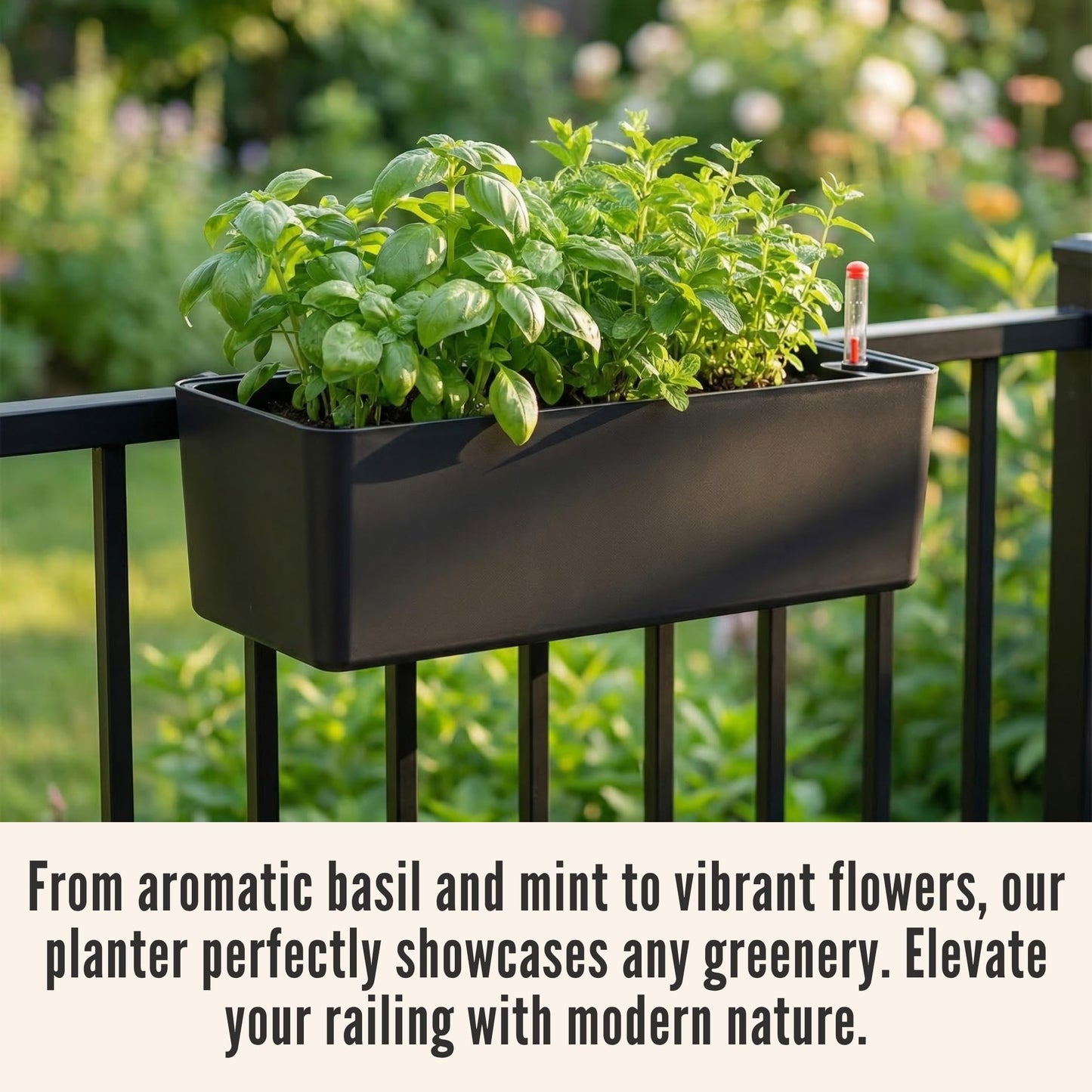 LaLaGreen Railing Planter Boxes (16 Inch, 4 Pack) Black Rectangular Plastic Window Box Planters with Self-Watering System Metal Brackets, Outdoor Plants Herbs Flowers Deck Balcony Fence Garden Decor