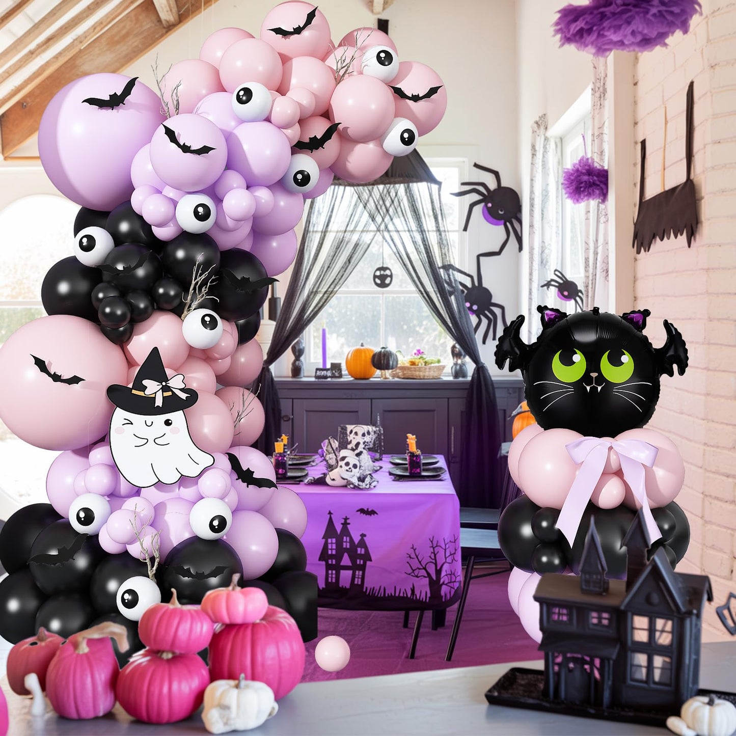 Halloween Balloon Garland Arch Kit, Light Pink Pastel Purple Black Spooky White Eyeball Latex Balloons with Scary 3D Bats Foil Balloon for Kid Halloween Party Decor Indoor Outdoor Backdrop Decorations