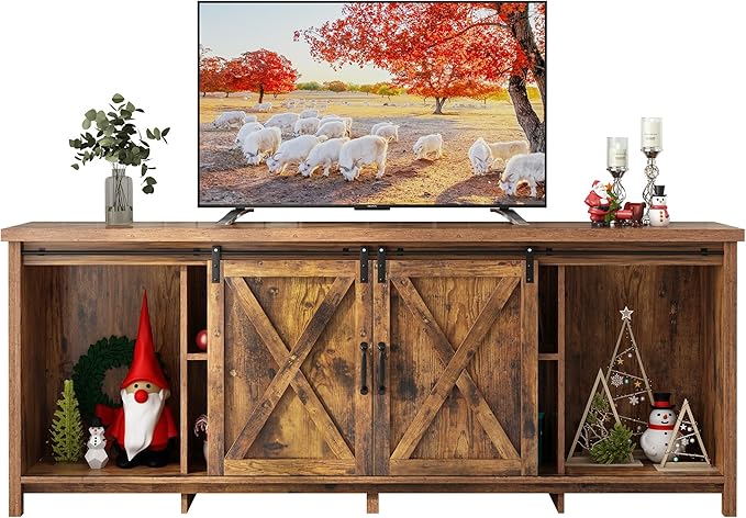 70" Farmhouse TV Stands for 70 75 80inch TV w/Adjustable Shelves, Sliding Barn