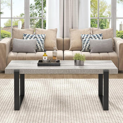 FOLUBAN Modern Coffee Table, Rustic Wood and Metal Center Table, Rectangle Cocktail Tea Table for Living Room, Light Grey, 47 Inch