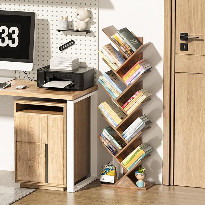 SHEEPAM 10 Tier Tree Book Shelf, Floor Standing Wood Bookshelf