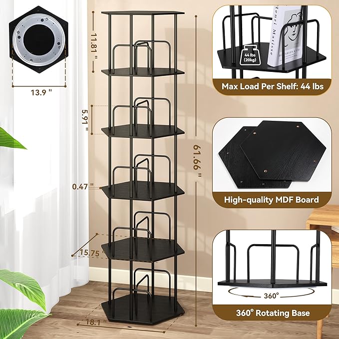 SUNMORY 5 Tier Rotating Bookshelf Tower, Revolving 360 ° Spinning Bookcase
