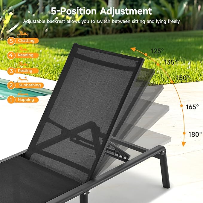 ONBRILL Aluminum Chaise Lounge Chair Outdoor, Foldable & Assembly Free Outdoor