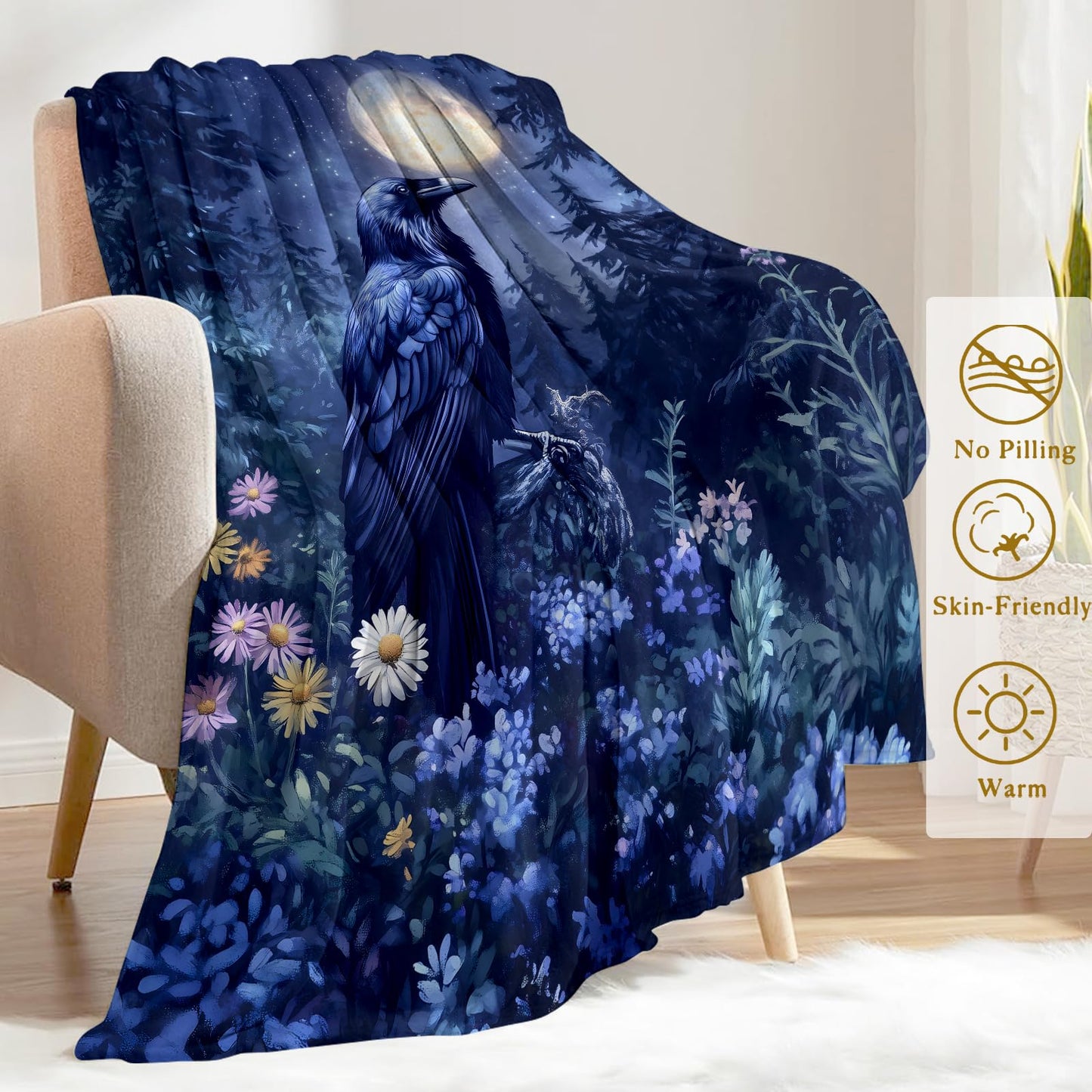 ainori Raven and Moonlit Forest Flannel Blanket - Lightweight Soft Cozy Gifts Blankets for Gothic Lovers, Men,Women,Goth Mystical Night Style Throw,Home Room Modern Halloween Decor 50x60in