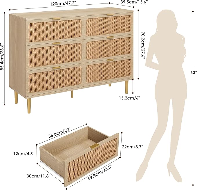 GarveeHome Rattan 6 Drawer Dresser