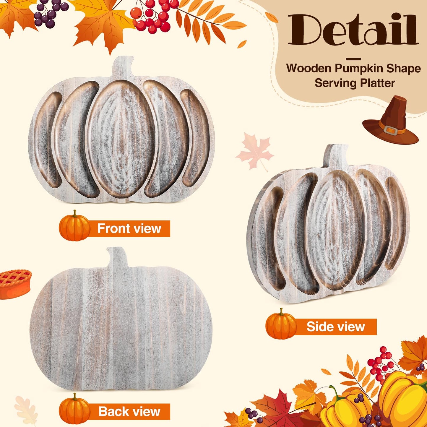 Sliner Fall Pumpkin Wooden Serving Dish Platter Thanksgiving 15" L x 12" W Pumpkin Shaped Charcuterie Board Snack Wood Cutting Board Sectional Dish Plate for Home Gifts(Grey White)