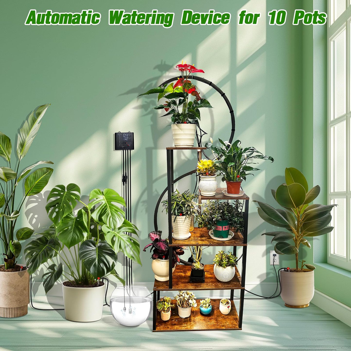 Automatic Watering System for Indoor Plants, DIY Drip Irrigation Kit with Timer for Potted Plants,Self Watering Device for Garden, Greenhouse & Vacation Plant Care (10 pots, Adjustable dripper)