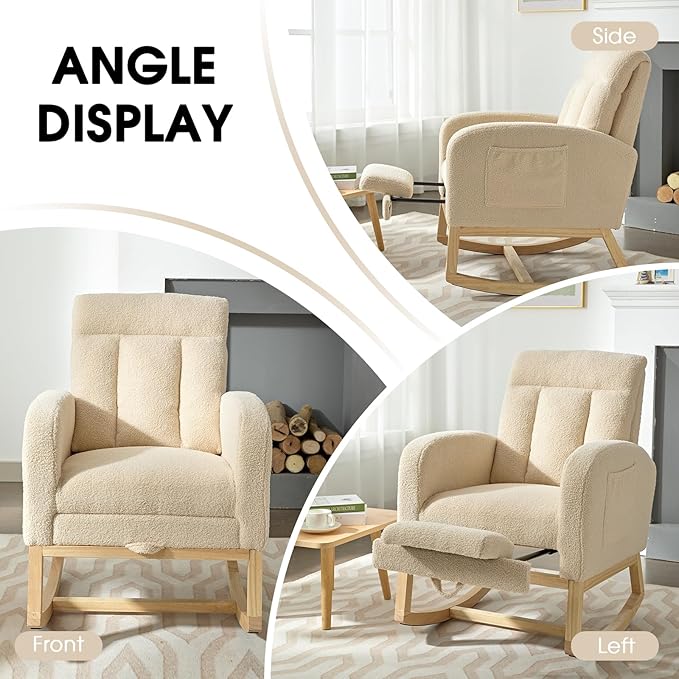 NIOIIKIT Modern Nursery Rocking Chair, Teddy Upholstered Rocking Chair