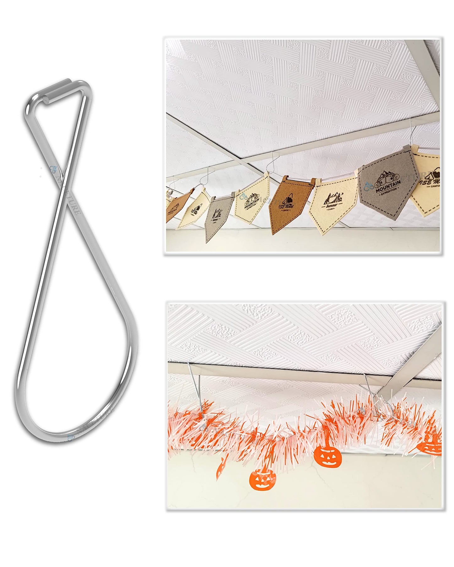 NACETURE Ceiling Hook Clips Stainless Steel - 100 Pack Drop Ceiling Hanger Hooks Hanging on Suspended Ceiling Tile, Grid for Office Home Stores Classroom and Wedding Decorations