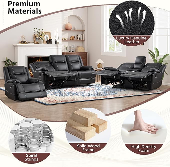 ANJ Premium Genuine Manual Reclining Sofa Set, Included Single Recliner Chair