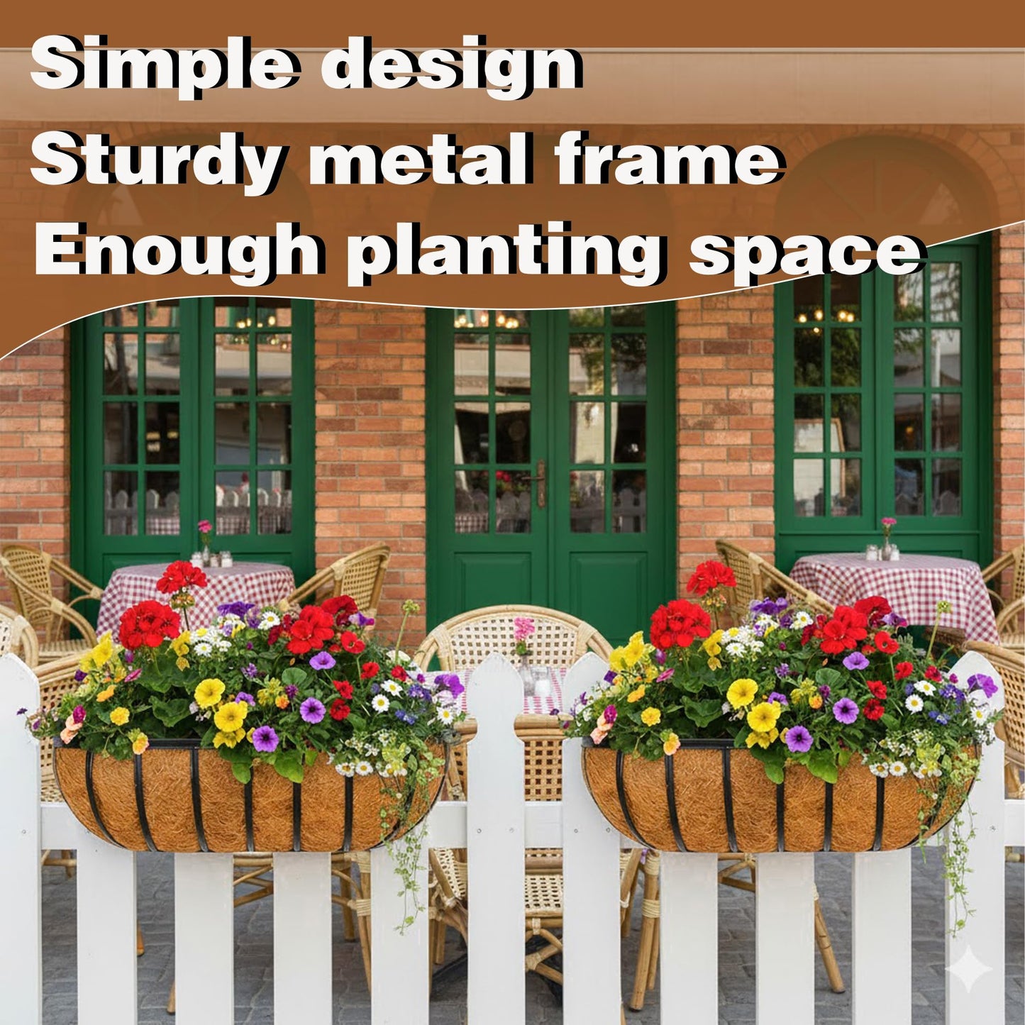 JFFLYIT 2 Pcs 16“ Railing Planter Window Box Deck Railing Planters Boxes with Coco Liner English Horse Trough Planters Metal Wall-Mounted Planter Basket for Outdoor Balcony Porch Fence Patio Rail