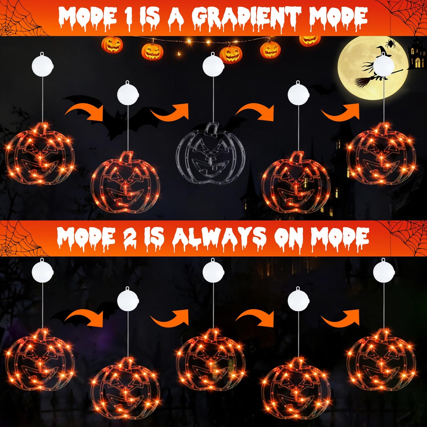 Wlicon 5 PCS Halloween Lights Decorations Green Spider Orange Pumpkin White Ghost Purple Witch Green bat with Suction Cups and Battery Operated Halloween Lights with Timer for Window House Decoration