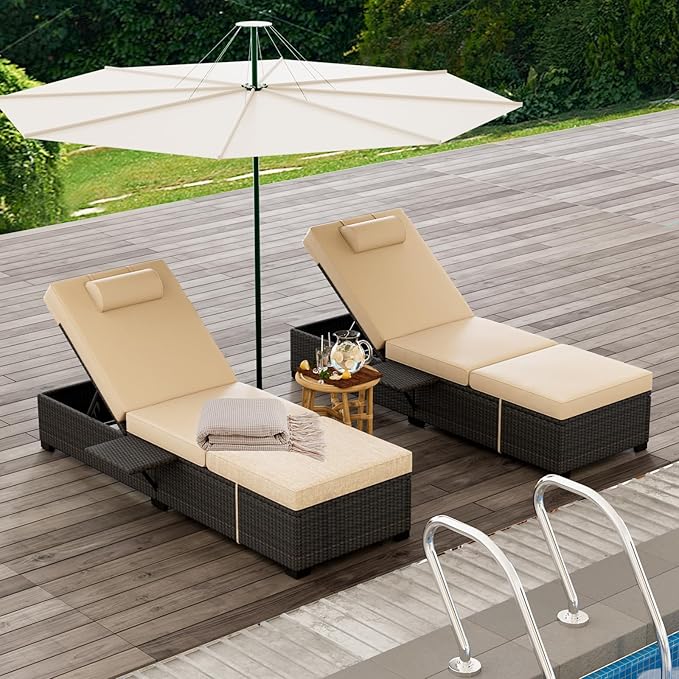 GAOMON Chaise Lounge Chairs Set of 2, Outdoor PE Rattan Chaise Lounge Chair