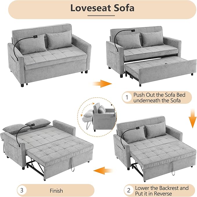 3 in 1 Convertible Sleeper Sofa Bed, 56.9" Small Pull Out Couch Bed