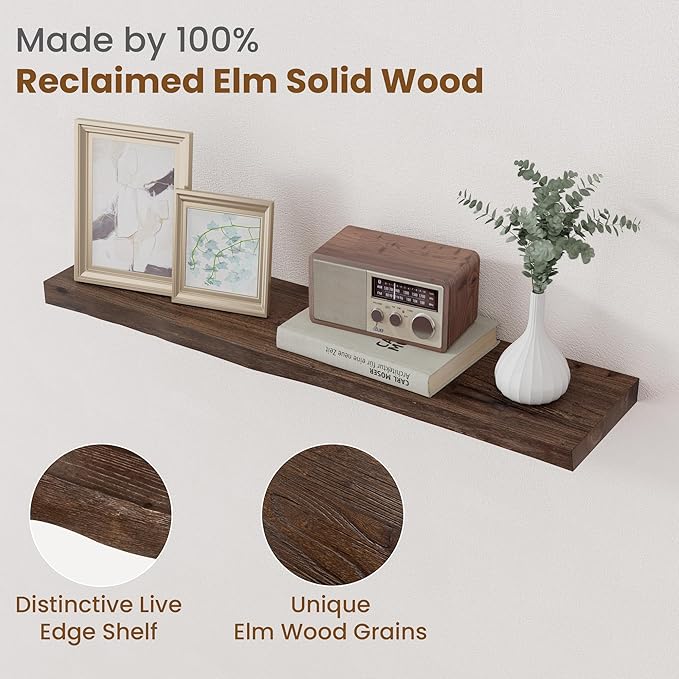 Floating Shelves for Wall Decor, Rustic Solid Elm Wood Live Edge Floating