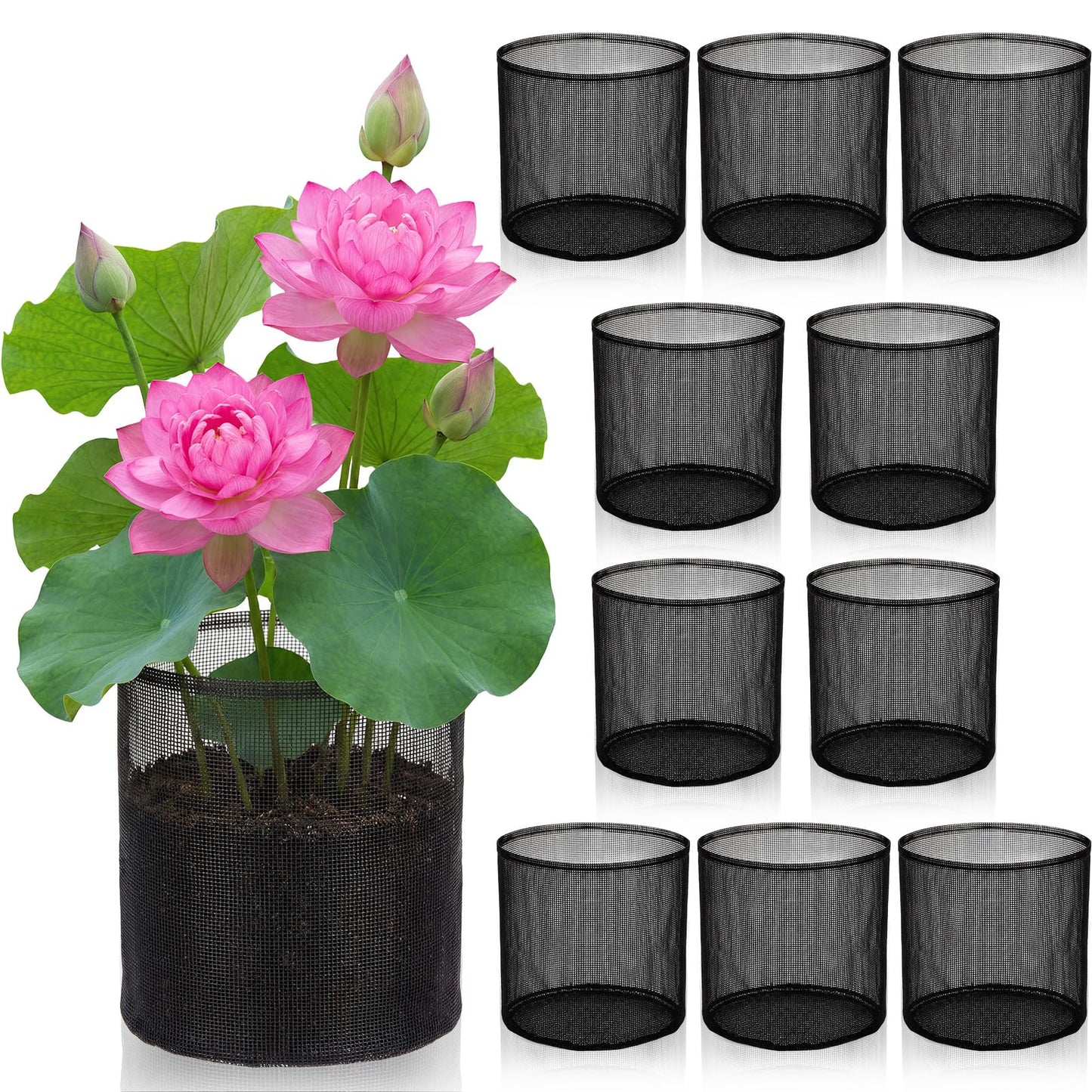 LemonRoad 10 Pcs Aquatic Pond Planting Bags Pond Baskets for Plants 7.2 x 7.2 Inch Reusable Mesh Water Garden Pot Breathable Round Lily Plant Baskets for Water Lily Gladiolus Bog Terrestrial Plants