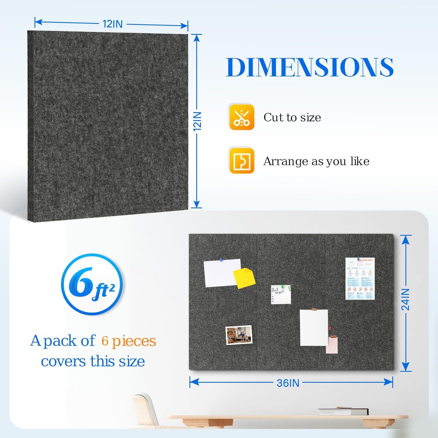 DOLLAR BOSS Felt Cork Board Tiles, 6 Packs 12" x 12" 1/2" Thick Cork Bulletin Board Self Adhesive Corkboards for Walls with 60 Pushpins for Home Office Kitchen School Decor Display, Grey