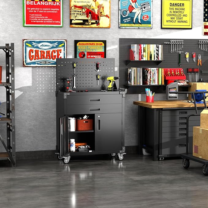 SUXXAN Black Tool Cart with Pegboard and 4 Hooks, Garage Storage Cabinet on