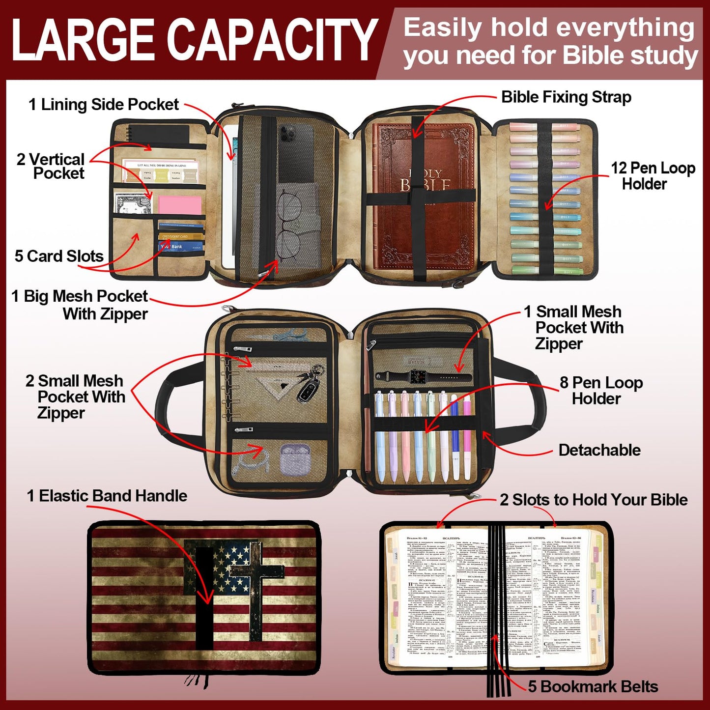 American Flag Cross Bible Cover Case for Women Men Boys, Large Bible Bag Book Carrying Case with Strap & Handle Zipper Pocket, Bible Study Supplies Journaling Kit, Highlighters and Pens Cross Clips