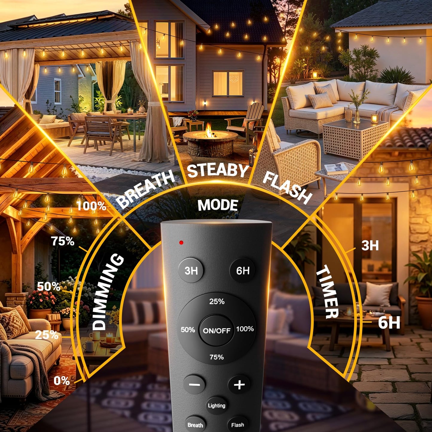 Amzrap 200FT Outdoor String Lights with Remote, Waterproof Patio Lights with 72+2 Shatterproof LED Bulbs, 2700K Dimmable Waterproof Hanging Decor for Backyard Garden Porch Bistro, Timer & 3 Modes