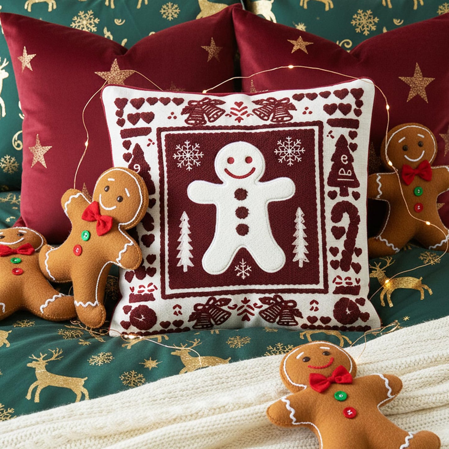 Christmas Throw Pillow Covers 18x18 Set of 2, Embroidered Gingerbread Man Cushion Covers with Snowflake Christmas Tree, Red White Holiday Decorative Pillow Cases for Sofa Couch Living Room Home Decor