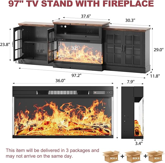 97" Fireplace TV Stand with 36" Electric Fireplace, Farmhouse Entertainment