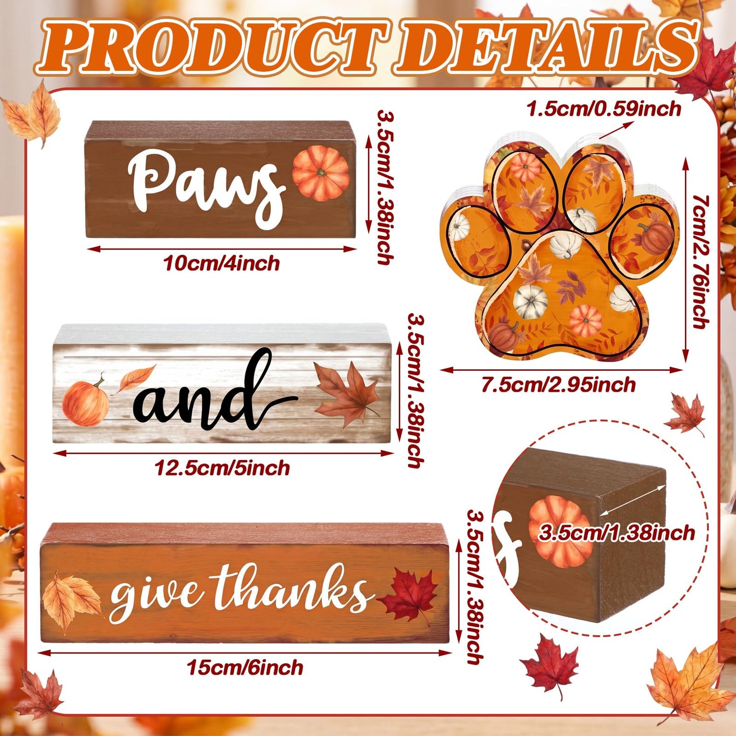 Amyhill 4 Pcs Fall Dog Paw Print Decorations Autumn Pet Lover Gift Wooden Pumpkin Maple Leaf Tiered Tray Set Table Centerpiece Sign Decor Thanksgiving Harvest Sign for Shelf Coffee Bar Home