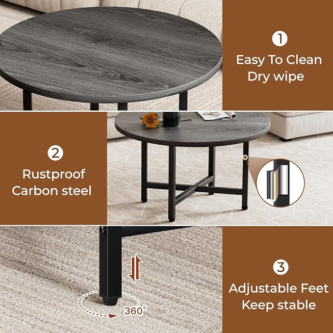 Coffee Table, 23.6" Small Coffee Tables, Gray Round Coffee Tables for Living Room, Floor Table for Sitting on The Floor, Center Coffee Table with Metal Frame for Office Apartment Home