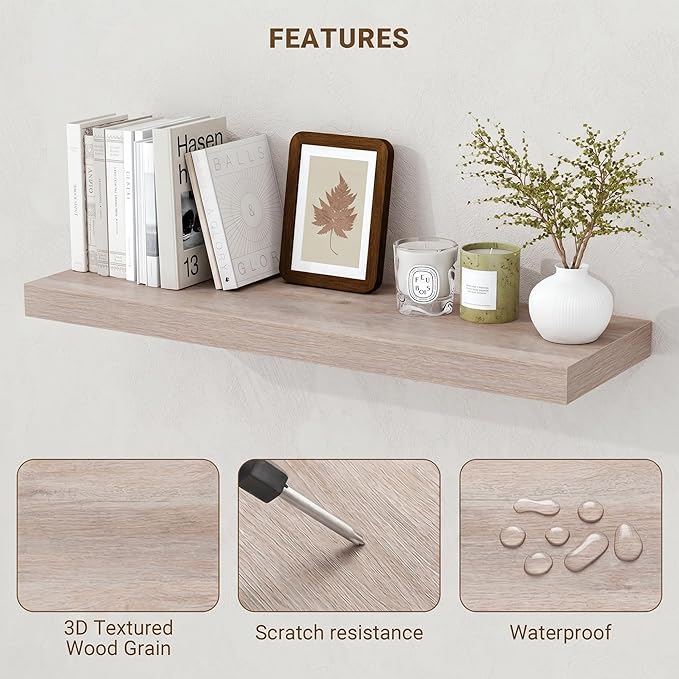 Acovy 24 Inch Floating Shelves, 3D Textured Wood Grain, Wooden Shelves