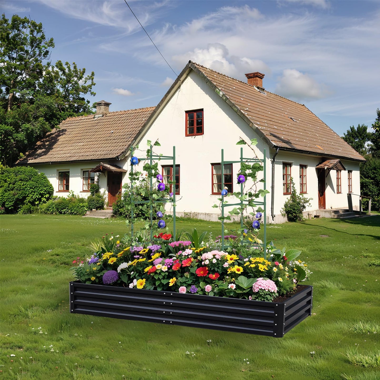 PICNICNI Metal Raised Garden Bed 8x4x1Ft Outdoor Large Metal Galvanized Planter Boxes Kit for Vegetables, Flowers, and Herbs,Garden Beds with 2Pcs Tomato Cage 1Pc Gloves,Black