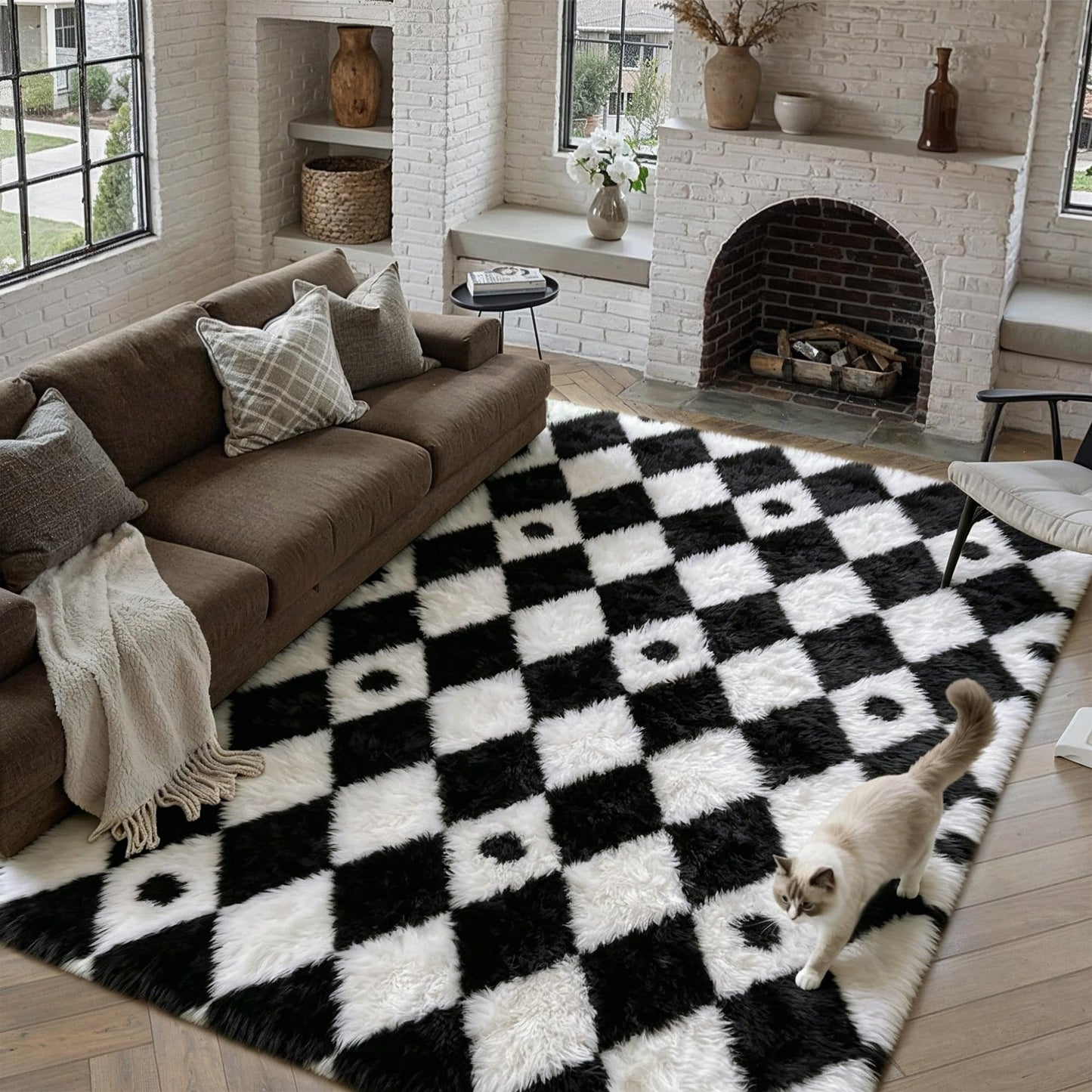 PureCozy Checkered Rug 6x9 Fluffy Shag Living Room Black and White Area Rug Modern Washable Carpet Soft Shaggy Non Slip Indoor Plush Fuzzy Rugs for Bedroom Dorm Office Home Aesthetic Decor