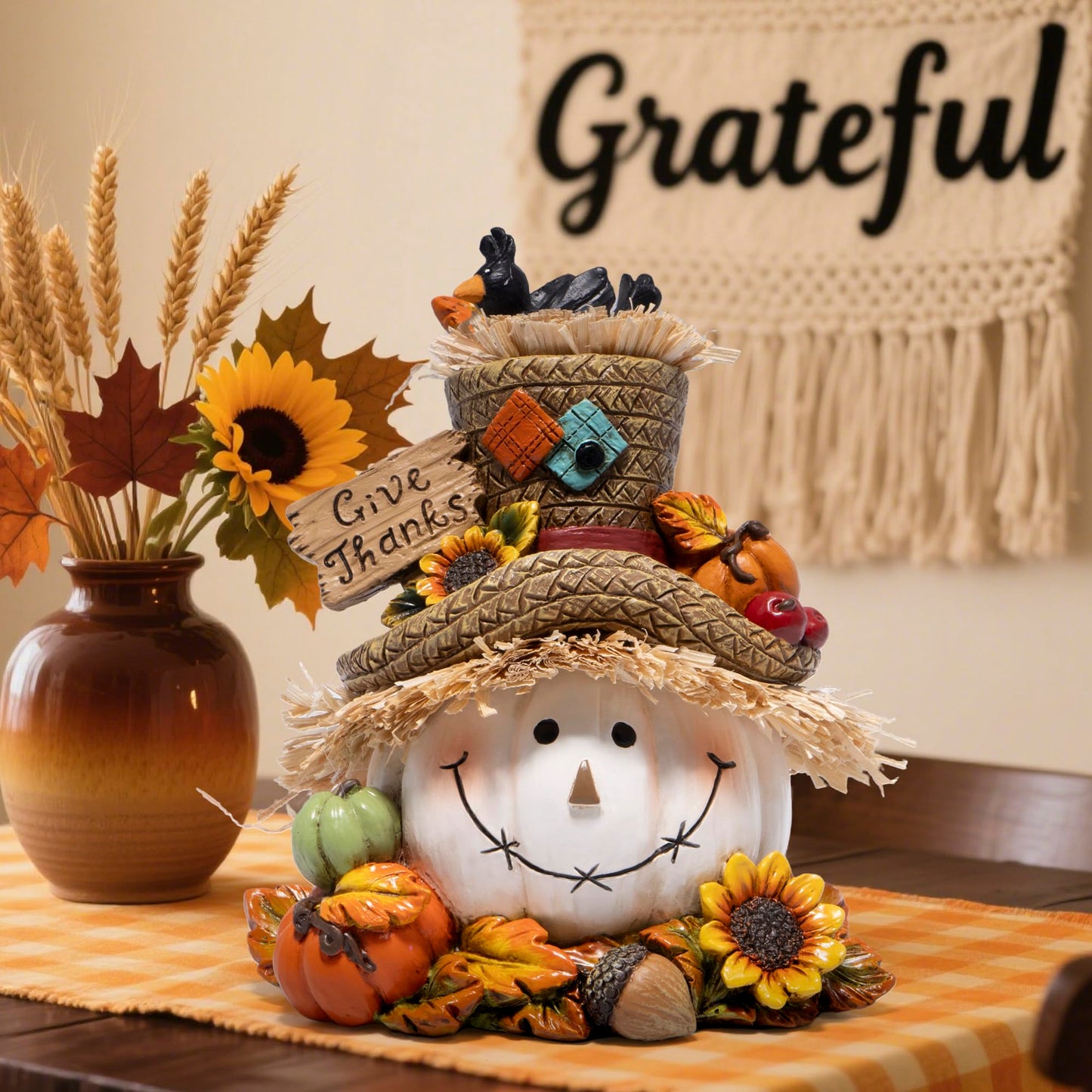 Hodao Thanksgiving Pumpkin Decorations, Resin Fall Autumn Figurine with Straw Hat, Birds, Acorns & Sunflowers, Give Thanks Sign, Festive Gift for Home Tabletop Mantel Thanksgiving Decorations (White)