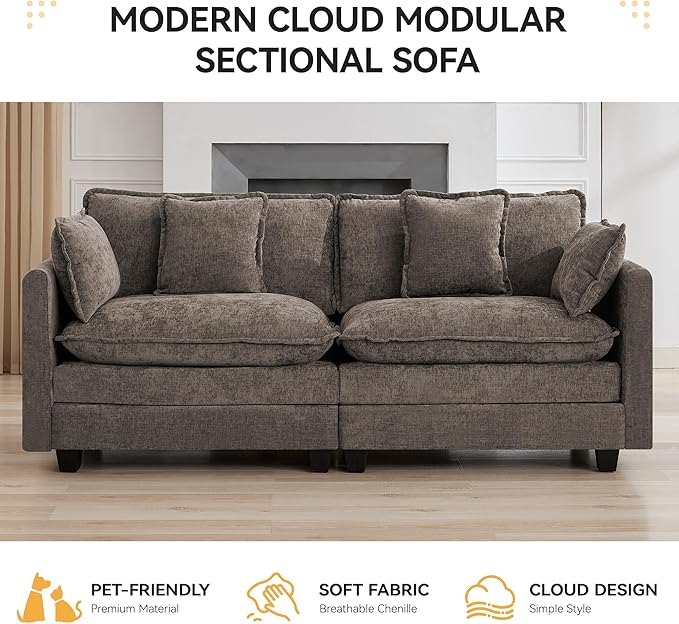 76″ Cloud Deep Seat Loveseat, Upholstered Chenille Modular 2-Seat Sectional