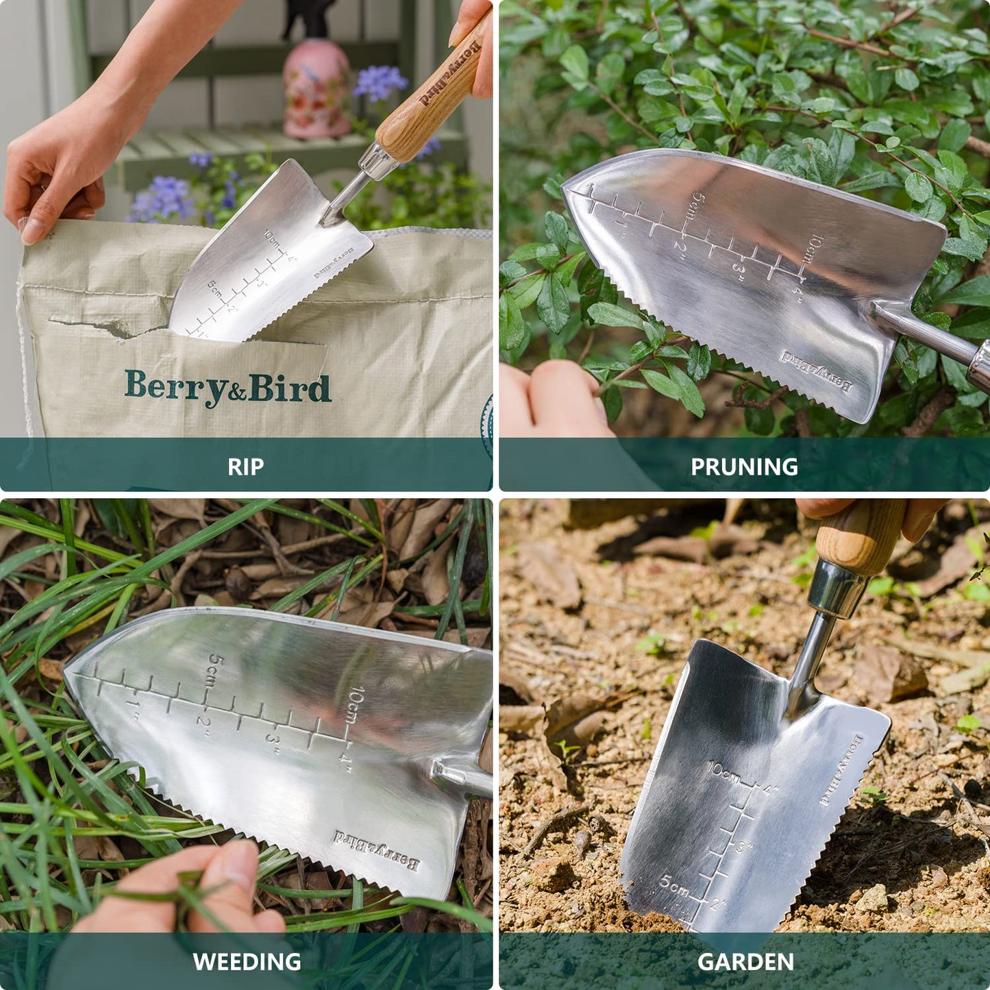 Berry&Bird Garden Serrated Planting Trowel, Multifunctional Shovel with ash Wood and Stainless Steel Digging Trowel Transplanter