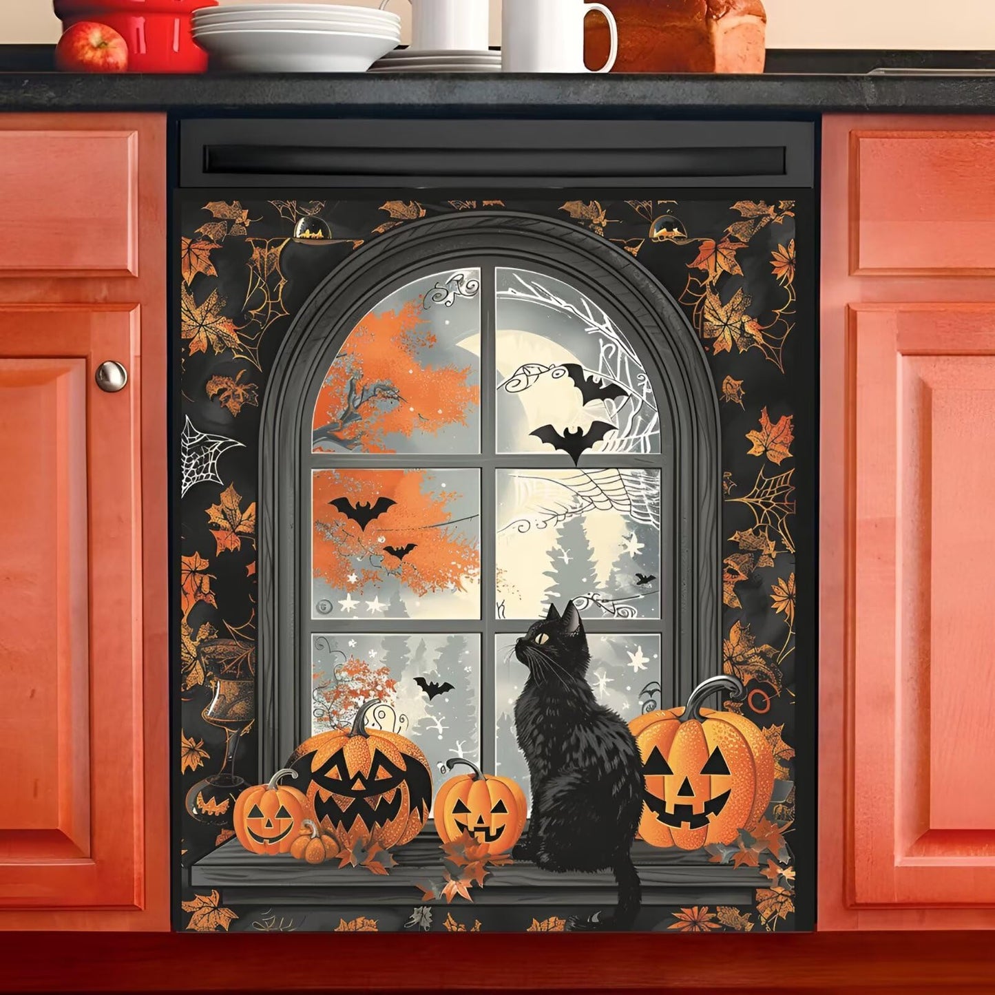 Generic Halloween Dishwasher Magnet Cover, Fall Pumpkins Black Cat Bats Kitchen Decor Refrigerator Magnetic Panel Decals, Autumn Maple Leaves Stickers Home Appliances Holiday Decoration 23x26
