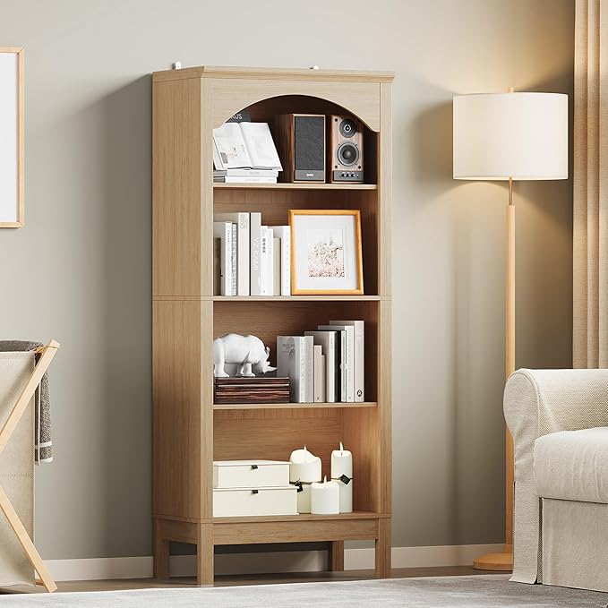 Arched Bookshelf with 4 Tier Open Shelves, Study and Living Room, Natural Oak
