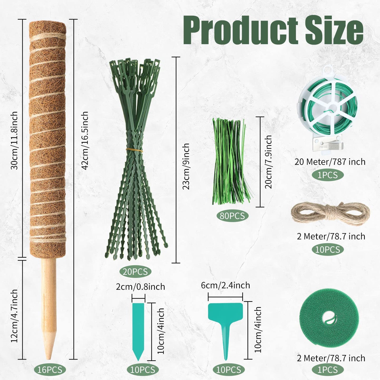 16 Pack Moss Pole for Plants Monstera 264 Inch Bendable Plant Pole Sticks Support Extension with Ropes Labels Tapes Tie Strap Locking Straps Green Twist Ties for Indoor Climbing Creepers