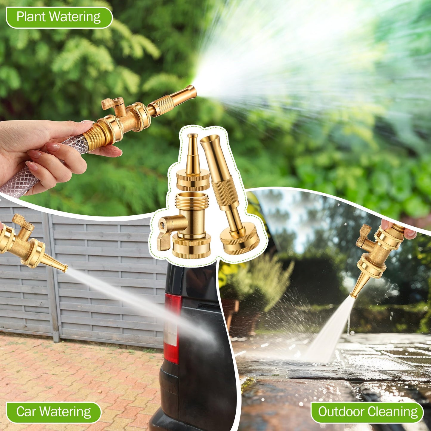 Dunkive 4 Pcs Garden Hose Nozzle Kit, 4" Brass Adjustable Twist Nozzle, Jet High Pressure Water Sprayer, Brass Hose Shut Off Valve with 10 Rubber Washers, 3/4" GHT Connector for Garden Sprinkler