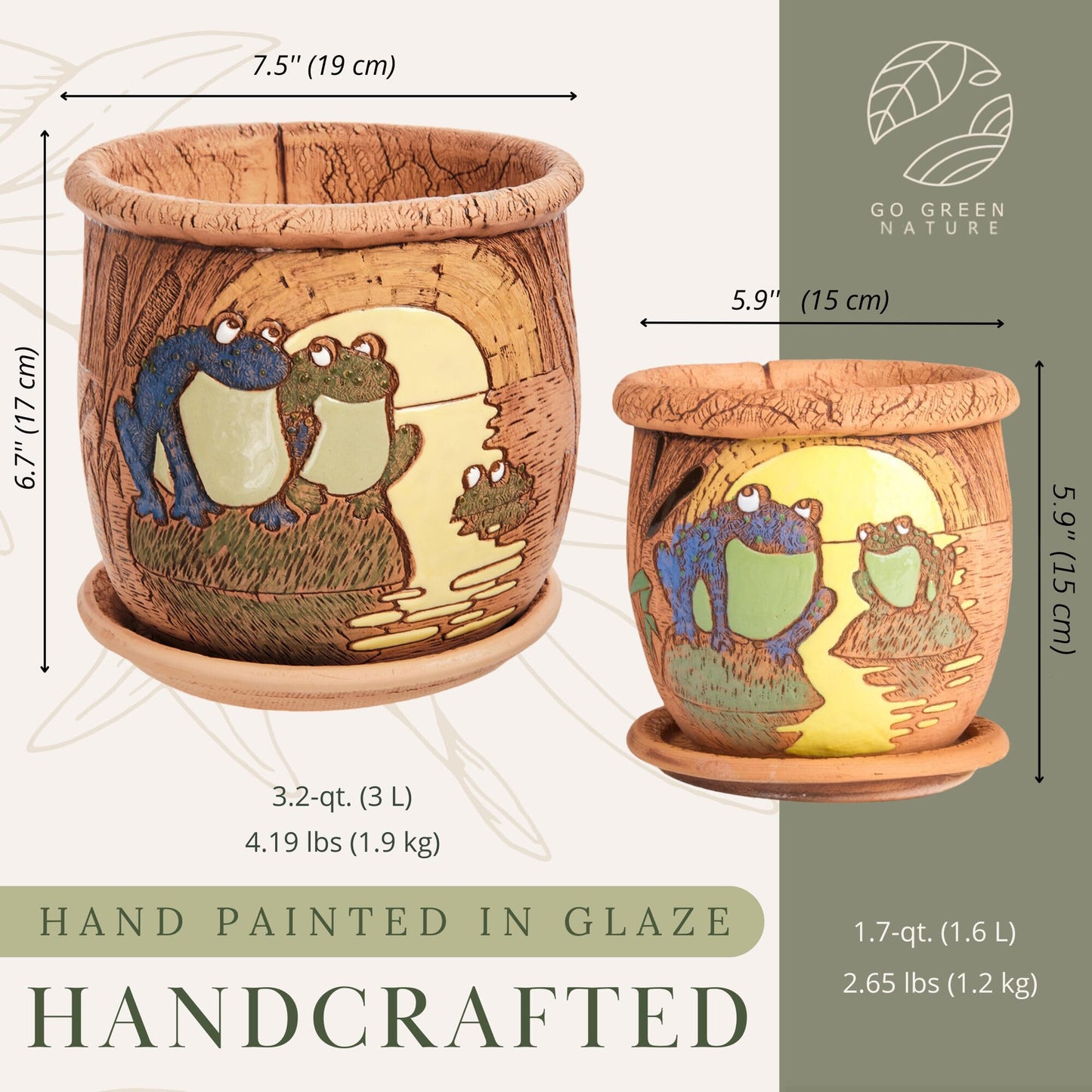 STP GOODS Ceramic Pot with Drainage Hole and Saucer, Plant Pots, Modern Decorative Planters for House Plants Indoor Flowers Plants, Cute Flower Pot - Gifts (Frogs (3 L))