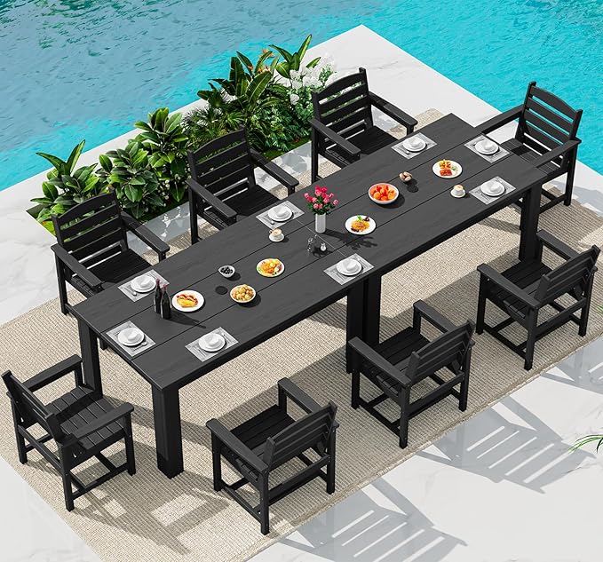 SERWALL HDPE Dining Set for 8: 2 Umbrella Hole Tables + 8 Chairs. Includes 8