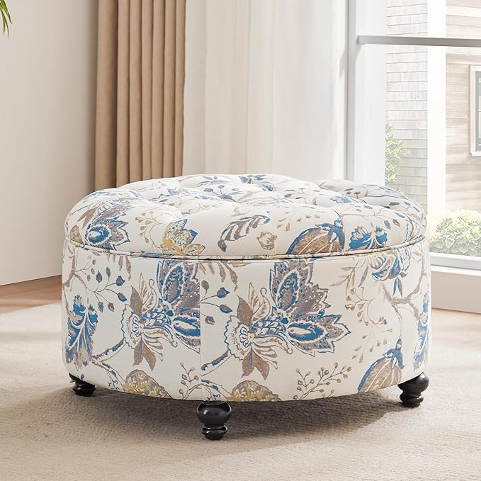 HUIMO 30-Inch Round Storage Ottoman, Modern Button Tufted Coffee Table