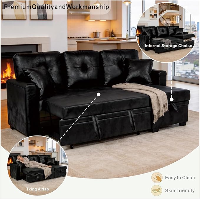 Eafurn Faux Leather Tufted Convertible Sleeper Sectional Sofa Bed, 3 Seater L