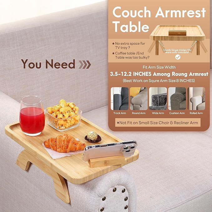 SINWANT Couch Arm Tray, Bamboo Sofa Clip on Side Table, Foldable Couch Armrest