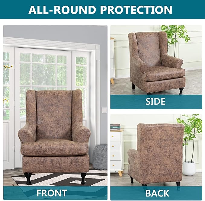 KRFOONN Wing Chair Slipcovers 2 Piece Stretch Leather Look Wingback Chair