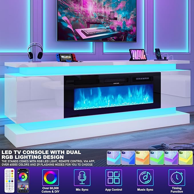chartustriable 71IN LED TV Stands w/40 inch Fireplace Power Outlet