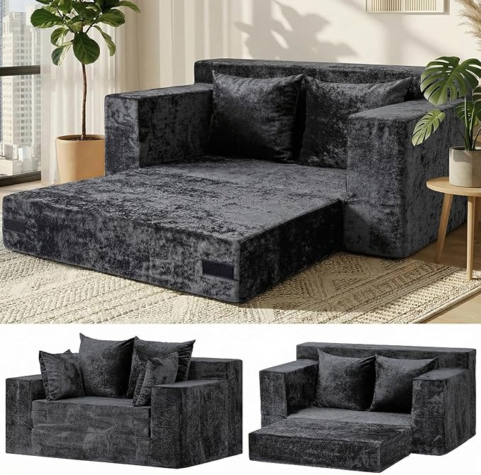 Loveseat Sofa Bed, Convertible Silky Velvet 5-in-1 Foldable Boneless Sleeper