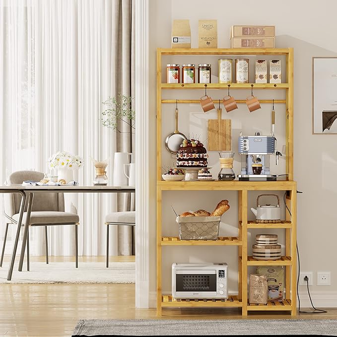 Bakers Rack with Power Outlets, 8-Tier Microwave Stand, Kitchen Utility Storage