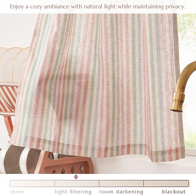 jinchan Striped Linen Kitchen Curtains 30 Inches Christmas Tier Curtains Farmhouse Modern Cafe Style Small Window Treatments Airy Light Filtering Rod Pocket for Living Room Bathroom 2 Panels Candy