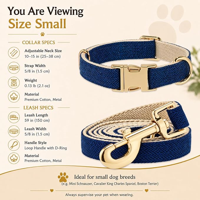 Herringbone Tweed Dog Collar and Leash Set for Small Dogs, Navy Blue | Snag-free, no-rub design. Soft breathable cotton, gentle on fur. Adjustable durable matching combo for walks & outdoors.