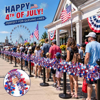 YunPuff 33Ft 4th of July Sequin Star Garland, Red White Blue Metallic Tinsel Twist Garland with 5-Pointed Stars, 2026 Patriotic Independence Day Decor for 250th Anniversary Home Staircase Porch